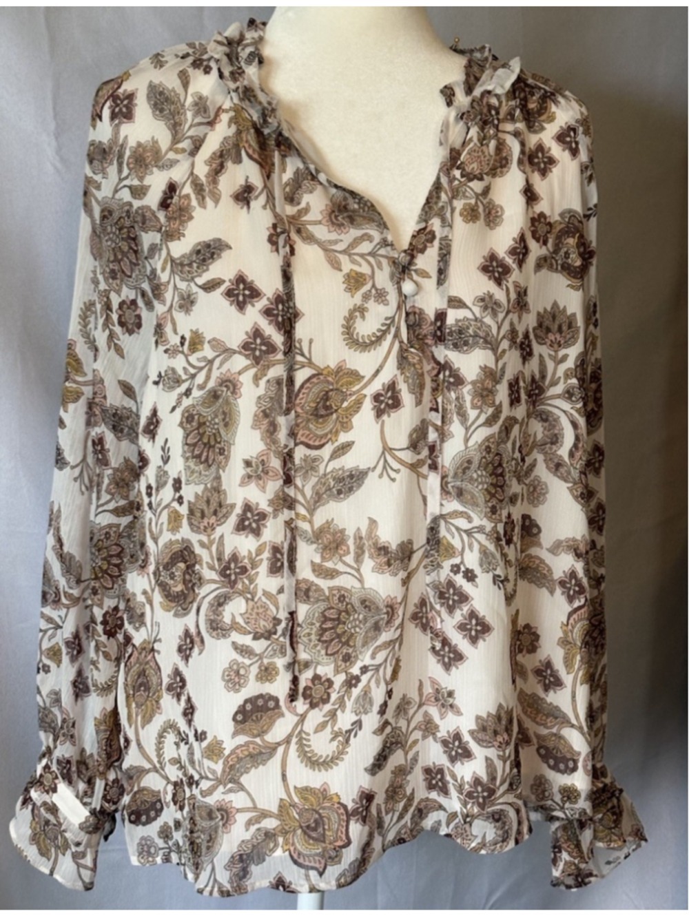 LOFT Paisley Ruffle Neck Blouse XLP XL Petite Boho Chiffon Tie Split V-Neck Top